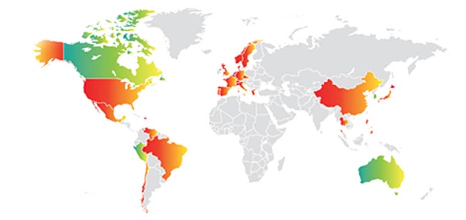 Mapamundi Global estando con colores más vivos los países en los que hay departamentos